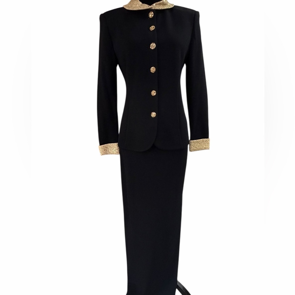 Vintage St. John Evening Black Knit Skirt Suit Gold Beaded Collar Cuffs USA Sz 2